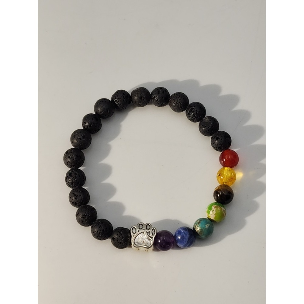 Vintage Black and Rainbow Chakra Beaded Silver Tone Dog Cat‎ Paw beaded Bracelet